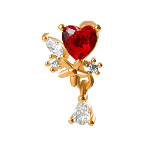 Stainless Steel Heartshaped Ear Nail With Red Diamond Bat Devil And Hanging Chain Electroplated