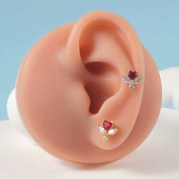 Stainless Steel Heartshaped Ear Nail With Red Diamond Bat Devil And Hanging Chain Electroplated