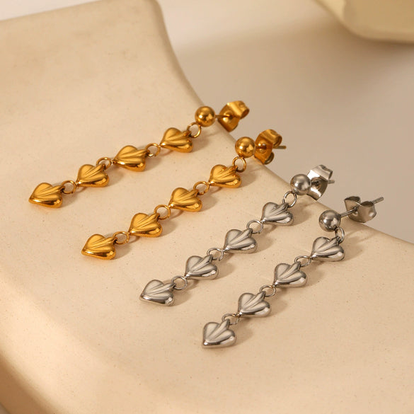 Stainless Steel Heartshaped Geometric Tassel Love Earrings For Women With Electroplating