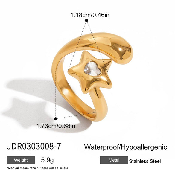 Stainless Steel Heartshaped Star Open Ring With Diamond Electroplated Unisex