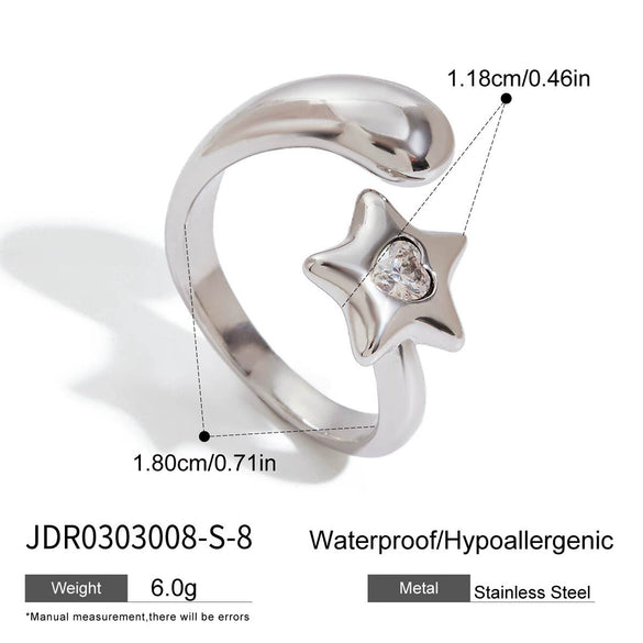 Stainless Steel Heartshaped Star Open Ring With Diamond Electroplated Unisex