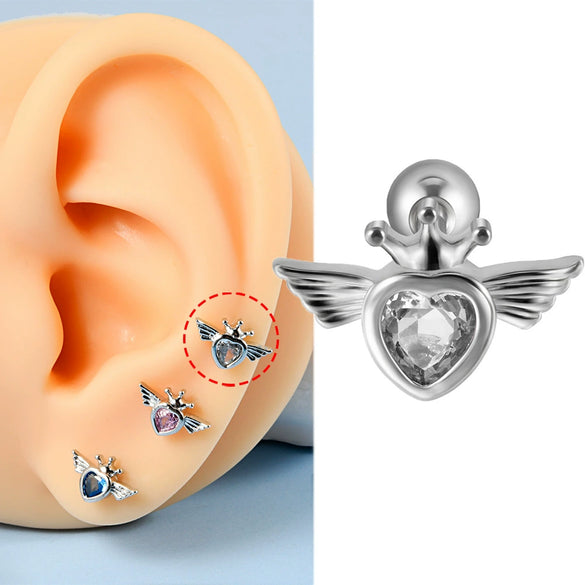 Stainless Steel Heartshaped Wings And Dog Footprints Demon Zircon Earrings With Diamond Design