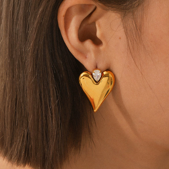 Stainless Steel Heartshaped Zircon Inlaid Earrings For Women With Pvd Vacuum Plating And Geometric Style