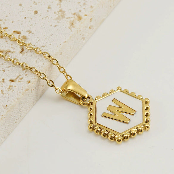 Stainless Steel Hexagonal Letter Pendant Necklace Electroplating Geometry Style For Women