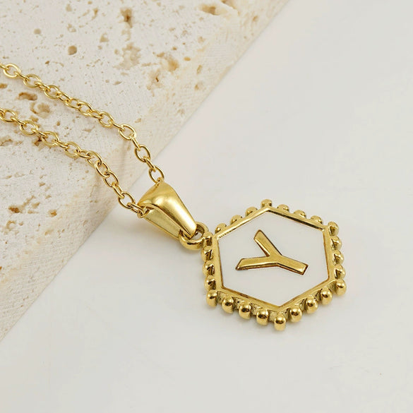 Stainless Steel Hexagonal Letter Pendant Necklace Electroplating Geometry Style For Women
