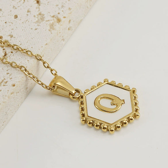 Stainless Steel Hexagonal Letter Pendant Necklace Electroplating Geometry Style For Women