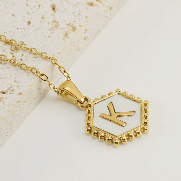 Stainless Steel Hexagonal Letter Pendant Necklace Electroplating Geometry Style For Women