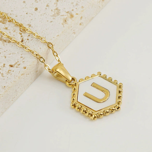 Stainless Steel Hexagonal Letter Pendant Necklace Electroplating Geometry Style For Women