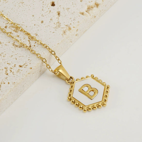 Stainless Steel Hexagonal Letter Pendant Necklace Electroplating Geometry Style For Women