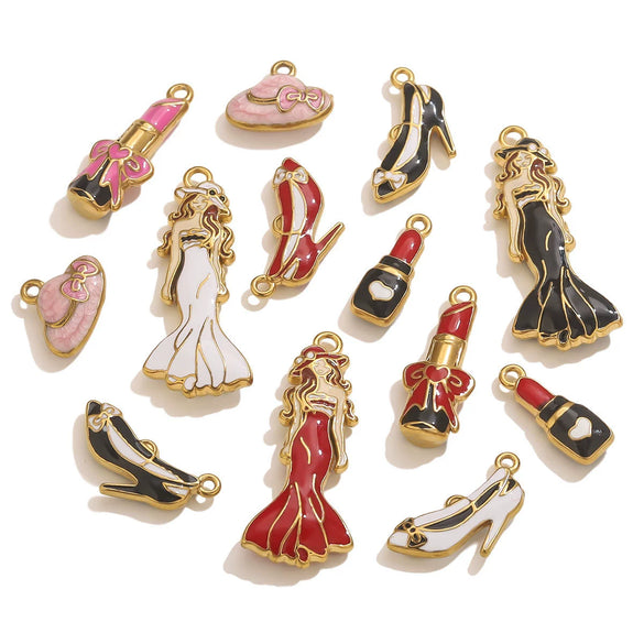 Stainless Steel High Heels Lipstick Oil Drop Charm Necklace Earring Accessories