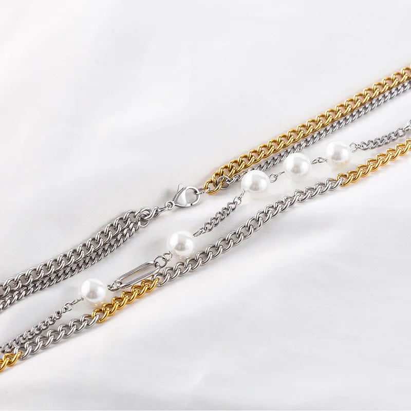 304 Stainless Steel 18K Gold Plated Hip-Hop Plating Inlay Geometric Artificial Pearls Double Layer Necklaces