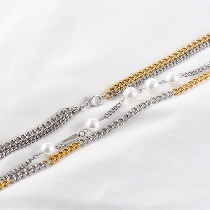 304 Stainless Steel 18K Gold Plated Hip-Hop Plating Inlay Geometric Artificial Pearls Double Layer Necklaces