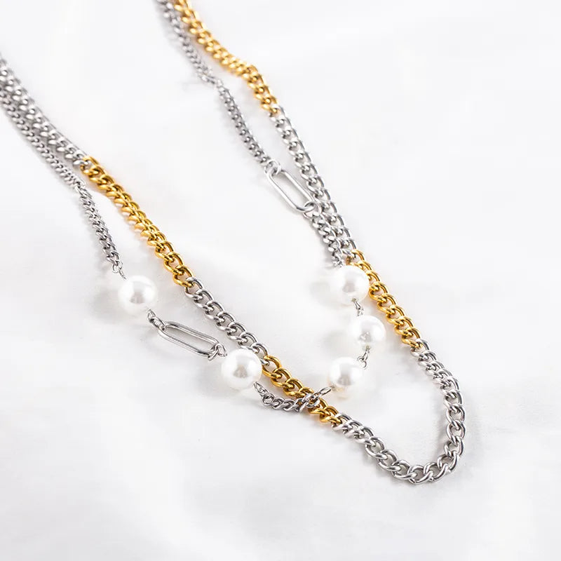 304 Stainless Steel 18K Gold Plated Hip-Hop Plating Inlay Geometric Artificial Pearls Double Layer Necklaces