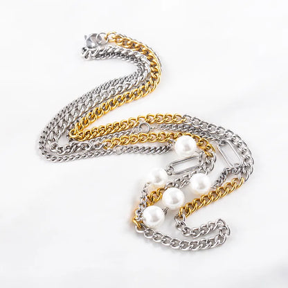 304 Stainless Steel 18K Gold Plated Hip-Hop Plating Inlay Geometric Artificial Pearls Double Layer Necklaces