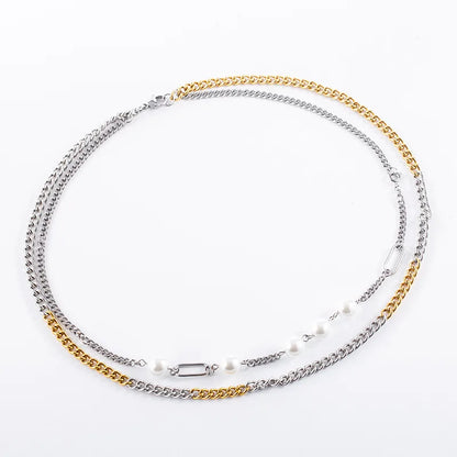 304 Stainless Steel 18K Gold Plated Hip-Hop Plating Inlay Geometric Artificial Pearls Double Layer Necklaces