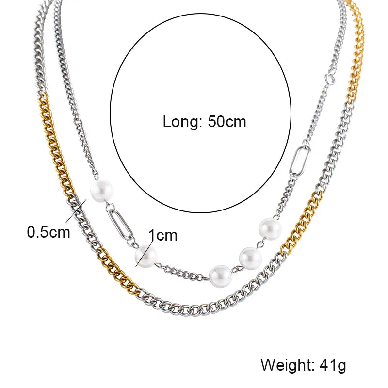 304 Stainless Steel 18K Gold Plated Hip-Hop Plating Inlay Geometric Artificial Pearls Double Layer Necklaces