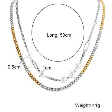 304 Stainless Steel 18K Gold Plated Hip-Hop Plating Inlay Geometric Artificial Pearls Double Layer Necklaces