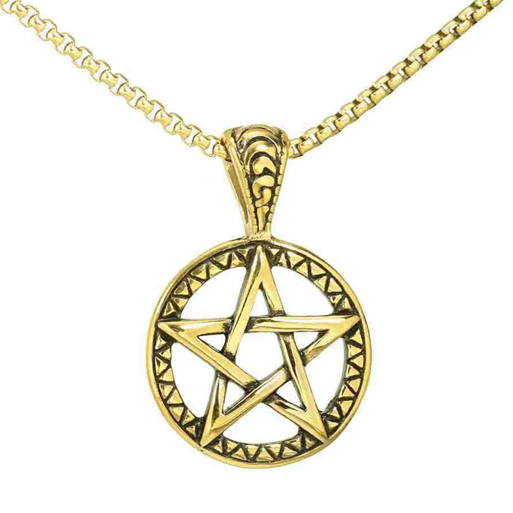 Stainless Steel Hip-Hop Round Star Pendant Necklace