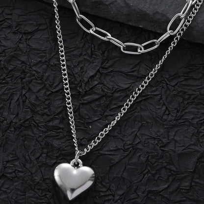 Stainless Steel Hip-Hop Simple Style Cool Style Heart Shape Double Layer Necklaces