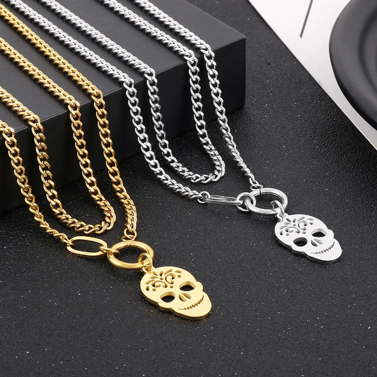 Stainless Steel Hip-Hop Simple Style Skull Hollow Out Double Layer Necklaces