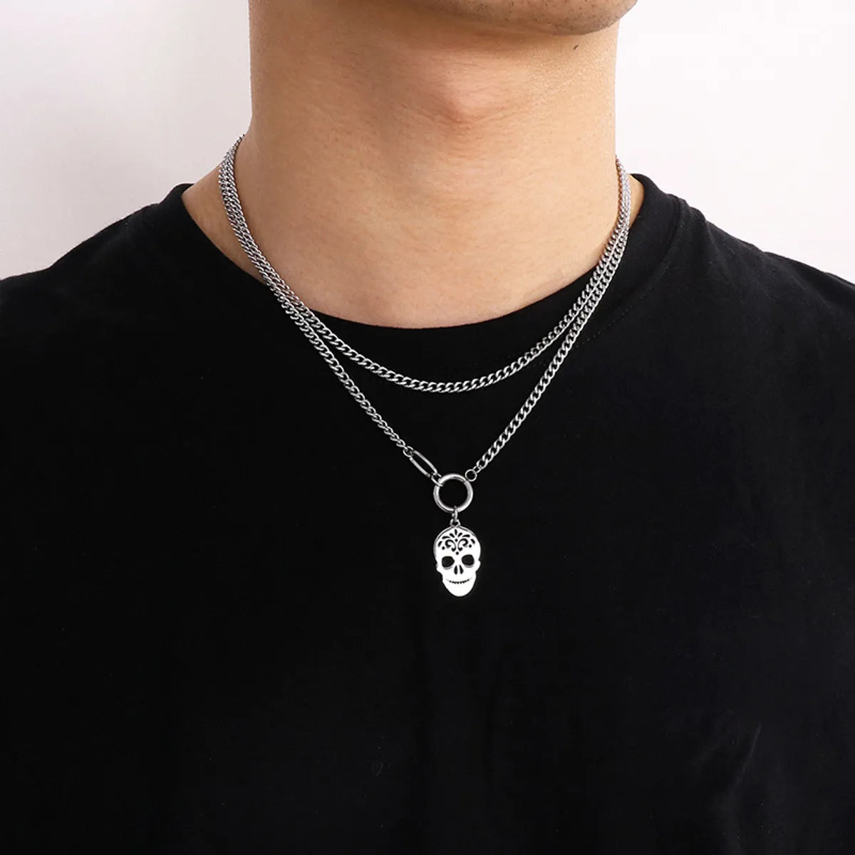 Stainless Steel Hip-Hop Simple Style Skull Hollow Out Double Layer Necklaces