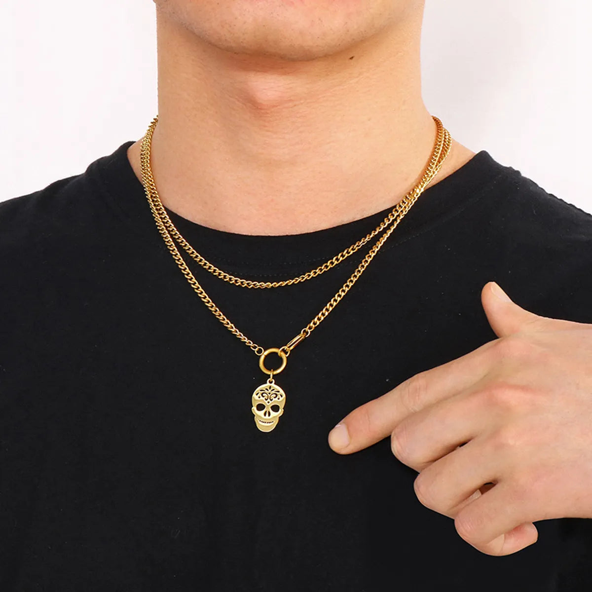 Stainless Steel Hip-Hop Simple Style Skull Hollow Out Double Layer Necklaces