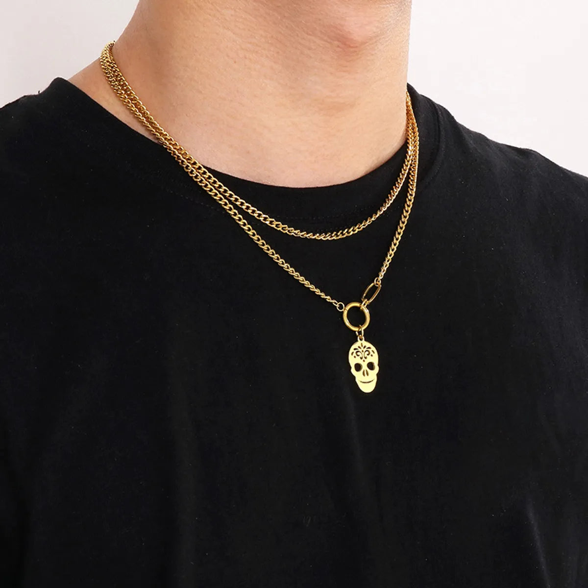 Stainless Steel Hip-Hop Simple Style Skull Hollow Out Double Layer Necklaces