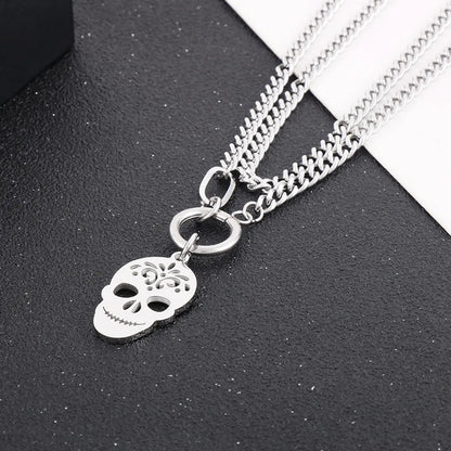 Stainless Steel Hip-Hop Simple Style Skull Hollow Out Double Layer Necklaces