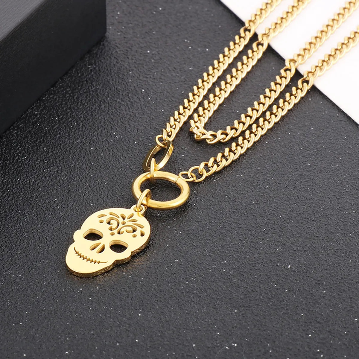 Stainless Steel Hip-Hop Simple Style Skull Hollow Out Double Layer Necklaces