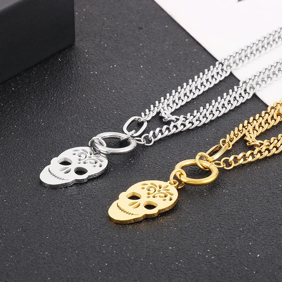 Stainless Steel Hip-Hop Simple Style Skull Hollow Out Double Layer Necklaces