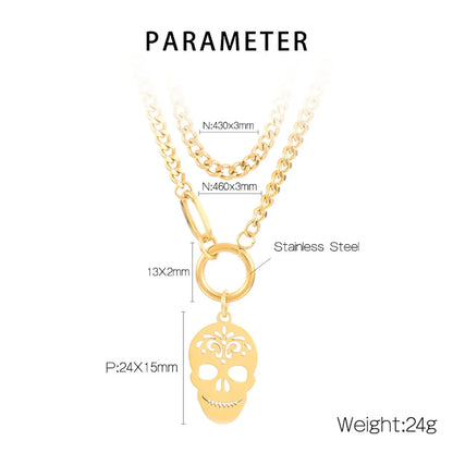 Stainless Steel Hip-Hop Simple Style Skull Hollow Out Double Layer Necklaces