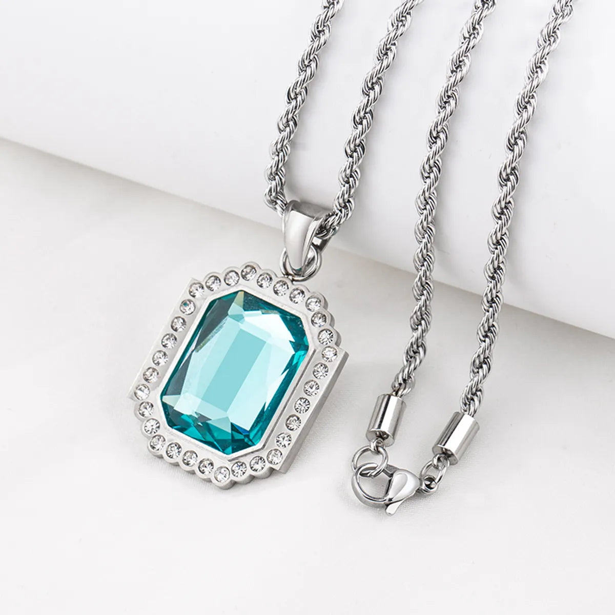 Stainless Steel Hip-hop Square Polishing Inlay Rhinestones Pendant Necklace