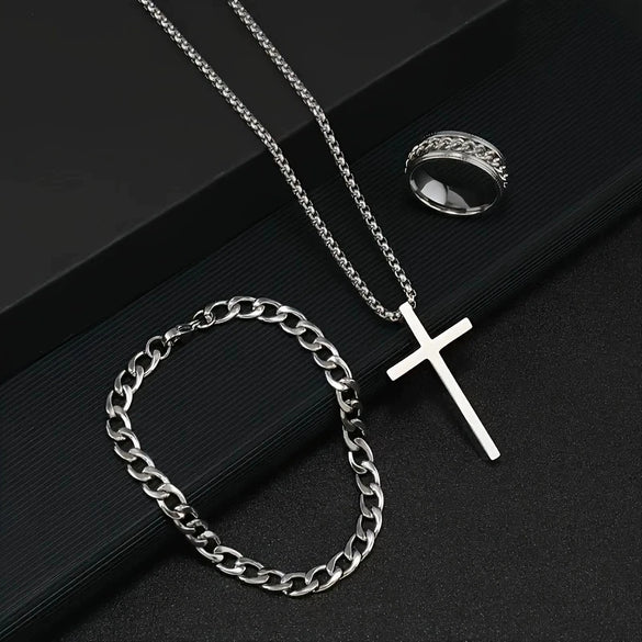 Stainless Steel Hiphop Trendy Cross Threepiece Jewelry Set