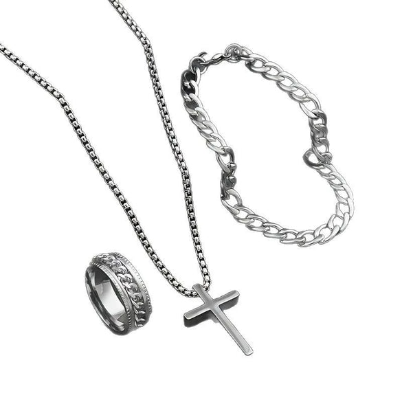 Stainless Steel Hiphop Trendy Cross Threepiece Jewelry Set