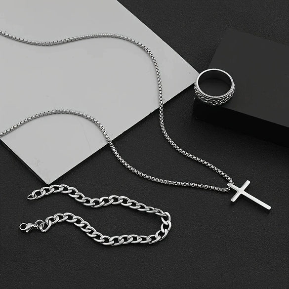 Stainless Steel Hiphop Trendy Cross Threepiece Jewelry Set