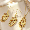 Stainless Steel Hollow Feather Pendant Necklace And Earrings Set Electroplated Light Luxury Clavicle Chain Jewelry For Women
