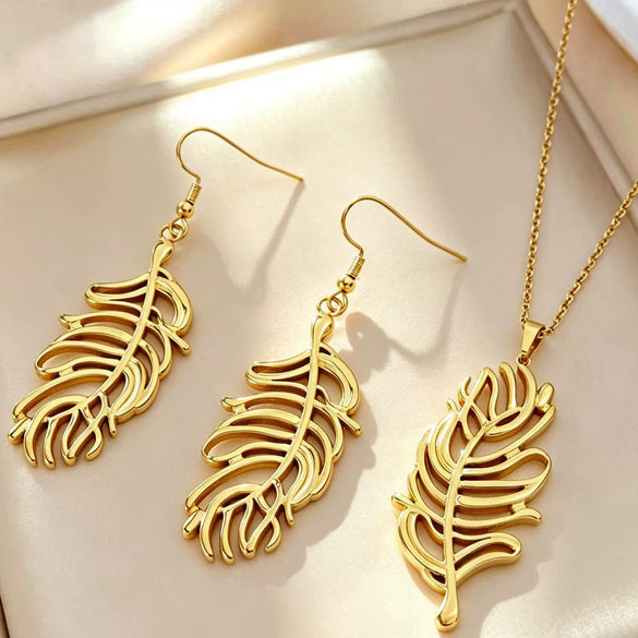 Stainless Steel Hollow Feather Pendant Necklace And Earrings Set Electroplated Light Luxury Clavicle Chain Jewelry For Women