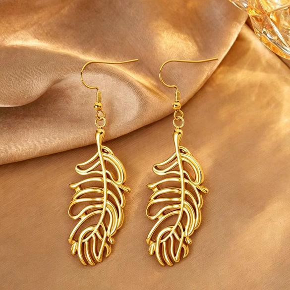 Stainless Steel Hollow Feather Pendant Necklace And Earrings Set Electroplated Light Luxury Clavicle Chain Jewelry For Women