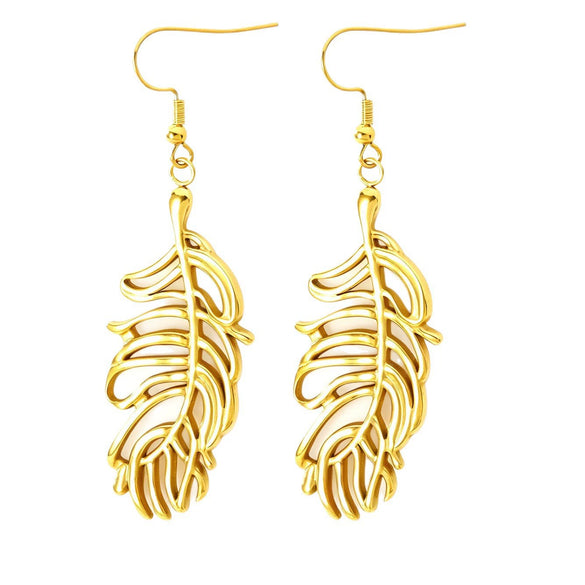 Stainless Steel Hollow Feather Pendant Necklace And Earrings Set Electroplated Light Luxury Clavicle Chain Jewelry For Women