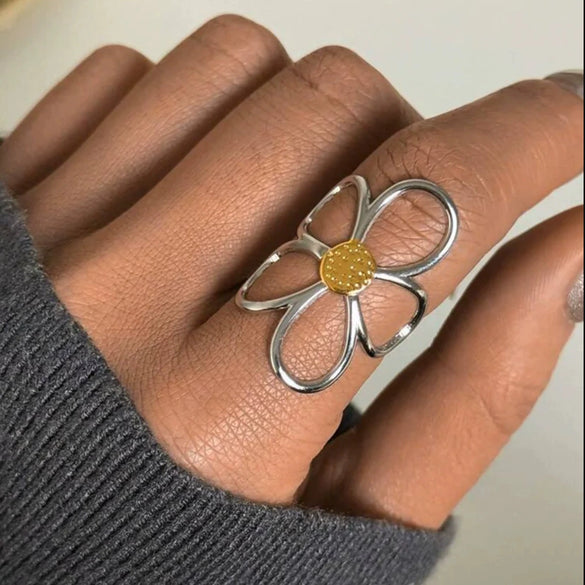 Stainless Steel Hollow Flower Geometric Color Block Open Ring For Women Electroplated Jewelry