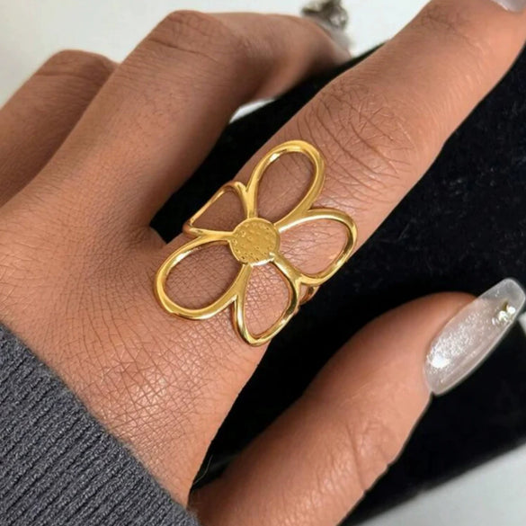 Stainless Steel Hollow Flower Geometric Color Block Open Ring For Women Electroplated Jewelry