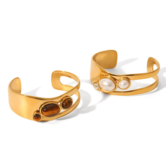 Stainless Steel Hollow Pearl Bracelet With Natural Tiger Eye Set With Pearls Retro Temperament