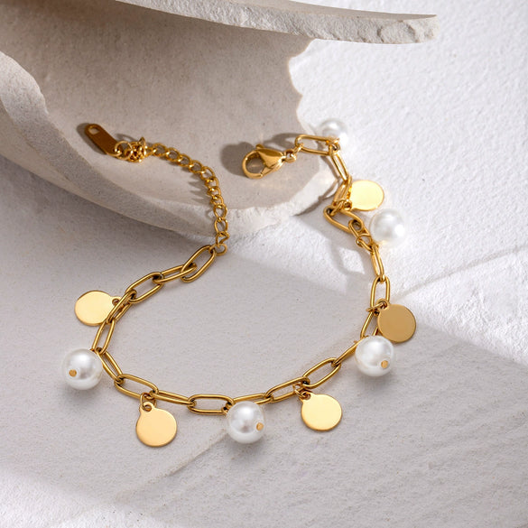 Stainless Steel Imitation Pearl Pendant Bracelet Electroplated Jewelry For Women