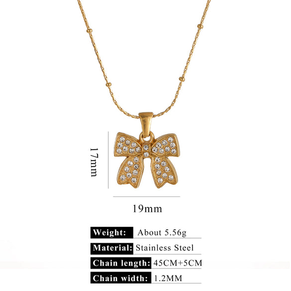 Stainless Steel Imitation Pearl Pendant Necklace With Bow Tie And Heart Shape Inlaid With Zircon Five Pointed Star And Love Chain Unisex