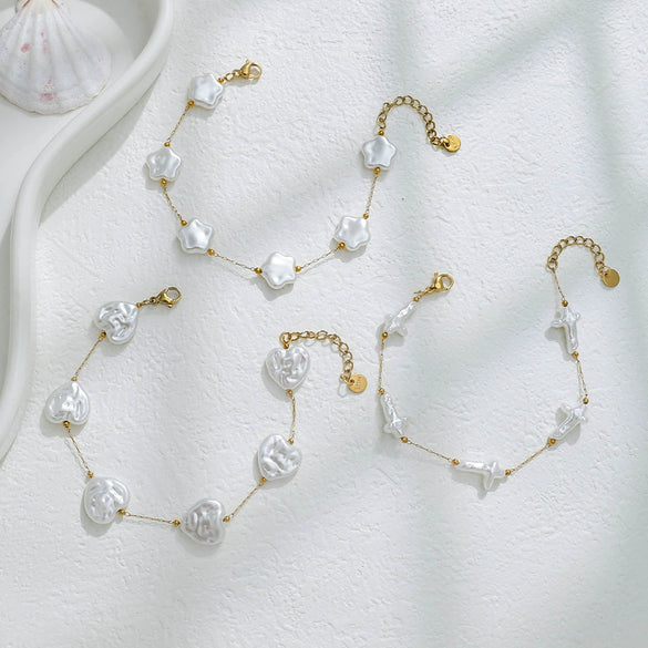 Stainless Steel Imitation Pearl Shell Love Flower Irregular Cross Chain Bracelet Necklace Set With Geometric Pattern And Electroplating Design