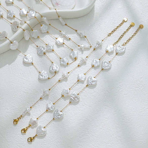 Stainless Steel Imitation Pearl Shell Love Flower Irregular Cross Chain Bracelet Necklace Set With Geometric Pattern And Electroplating Design