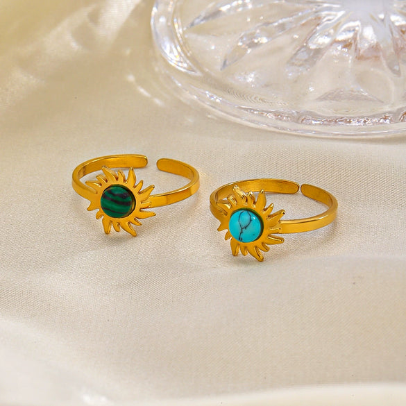 Stainless Steel Inlaid Obsidian Malachite Turquoise Sunflower Geometric Hiphop Ring For Women With Electroplating