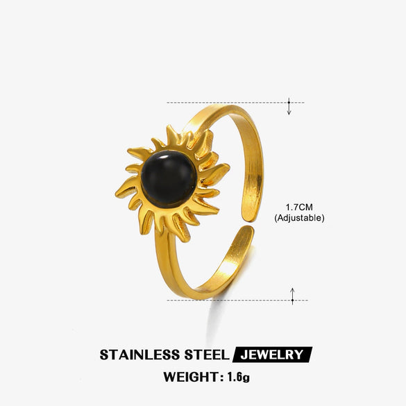 Stainless Steel Inlaid Obsidian Malachite Turquoise Sunflower Geometric Hiphop Ring For Women With Electroplating