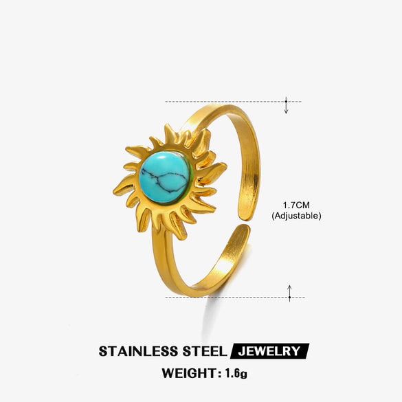 Stainless Steel Inlaid Obsidian Malachite Turquoise Sunflower Geometric Hiphop Ring For Women With Electroplating