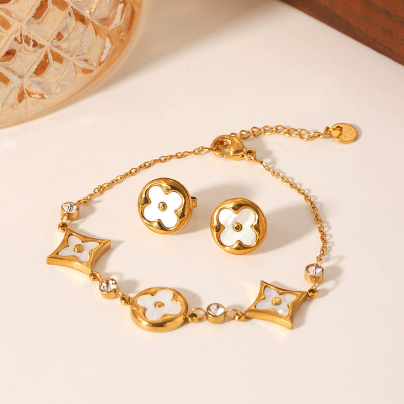 Stainless Steel Inlaid White Shellfish Four Leaf Clover Earrings And Bracelet Set Geometric Design Electroplating